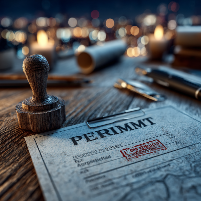 Modern Los Angeles building permit concept with documents and map.