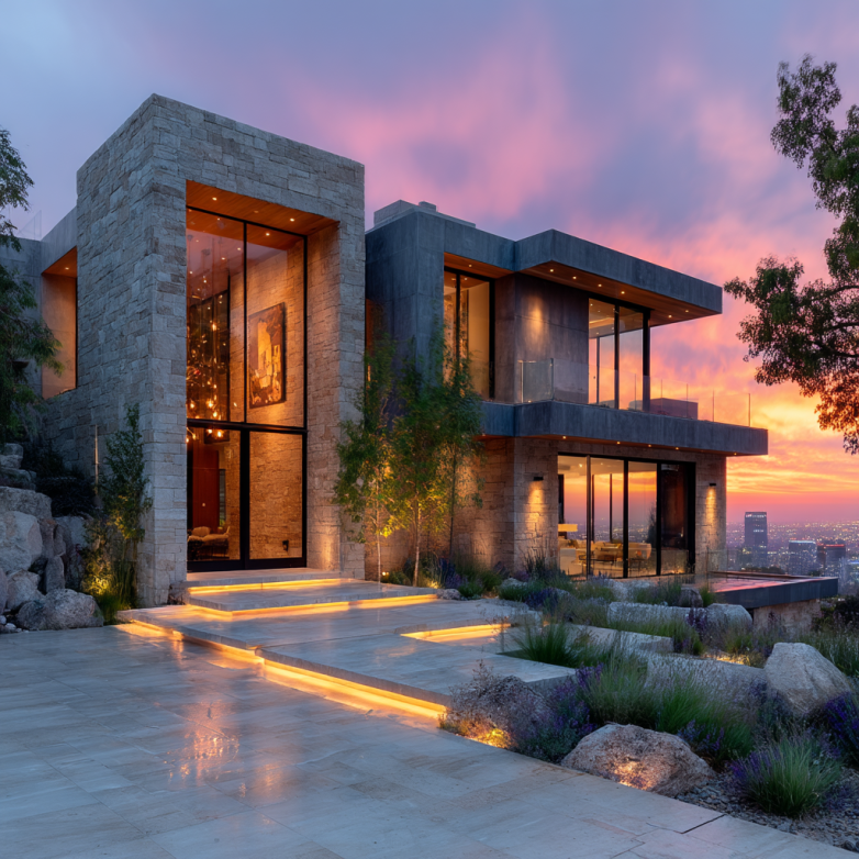 Luxury custom home with Los Angeles skyline view at dusk.