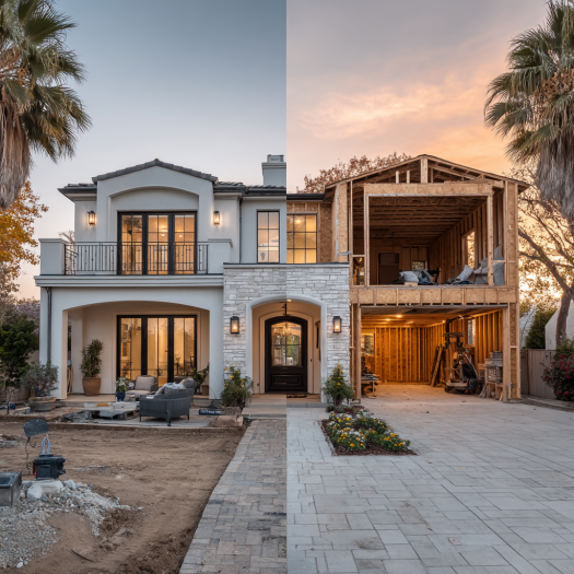 Modern Los Angeles homes: contrast between finished and under construction.