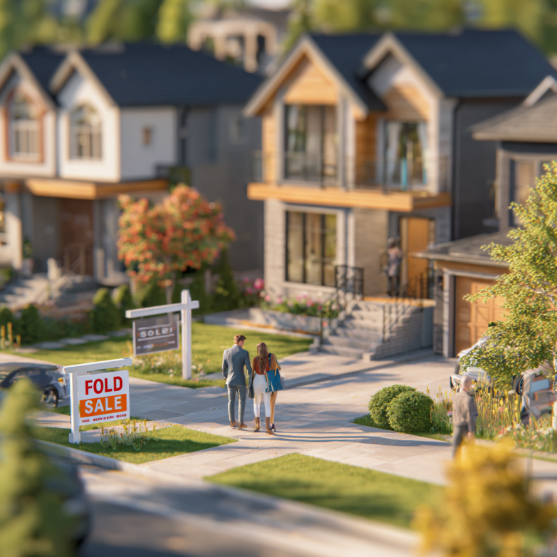 Active real estate market scene with agent and for sale sign