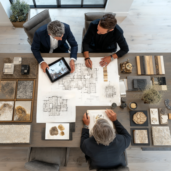 Experts at a modern workspace discussing custom home plans with a client
