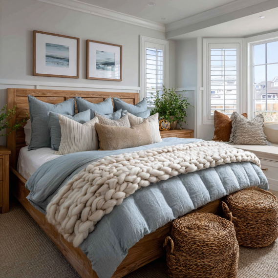 Cozy Cape Cod coastal cottage bedroom in Manhattan Beach with light wood and paneled walls.