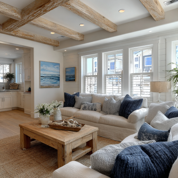 Coastal cottage living room in Manhattan Beach with white and blue decor.