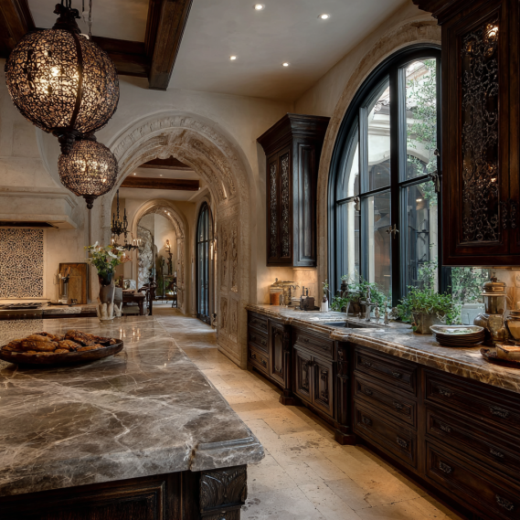 Luxurious Mediterranean kitchen in Beverly Hills with a large marble island.