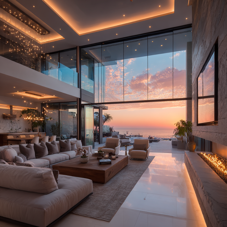 Luxurious contemporary coastal living room in Beverly Hills with panoramic views
