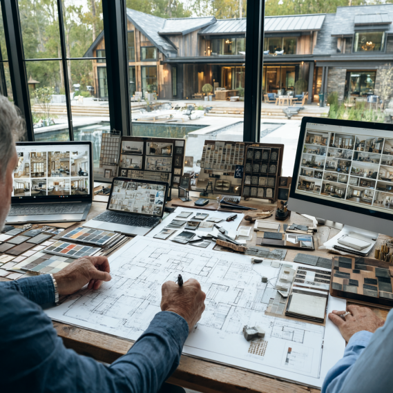 Custom home builder and interior designer reviewing plans for a California custom home