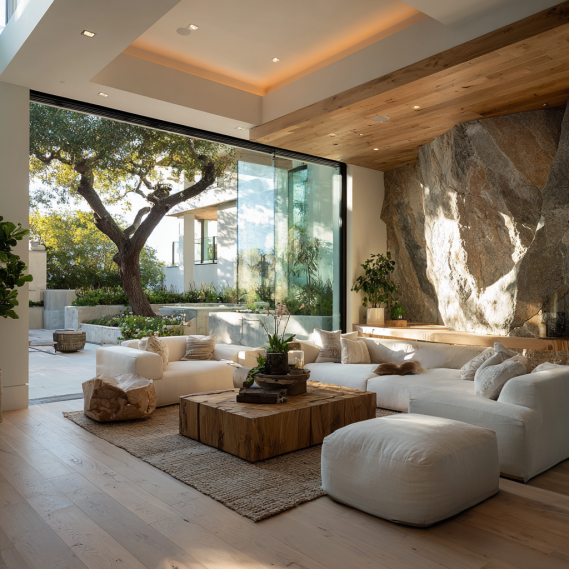 Elevated contemporary coastal living room in Pacific Palisades with glass walls