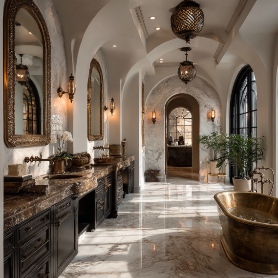 Luxurious Mediterranean bathroom in Hidden Hills with polished marble and ornate mirrors.