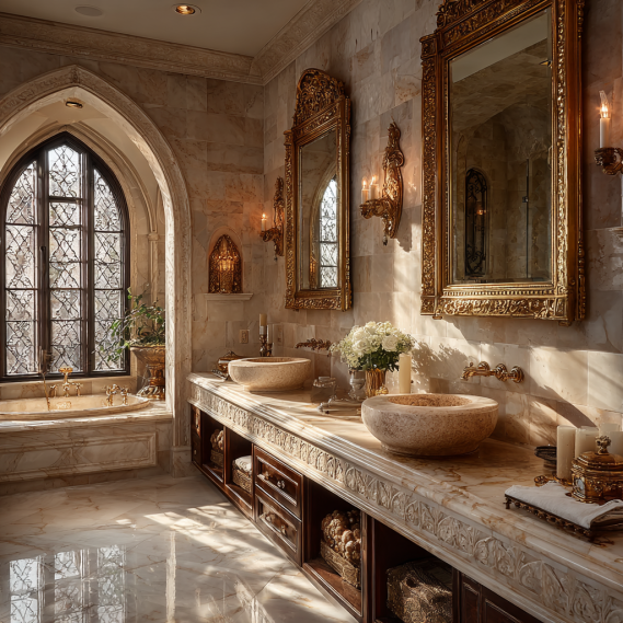 Luxurious Mediterranean marble bathroom in Beverly Hills with European elegance