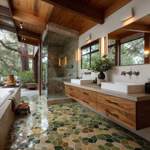 Mid-century modern bathroom in Palos Verdes with nature views and open layout