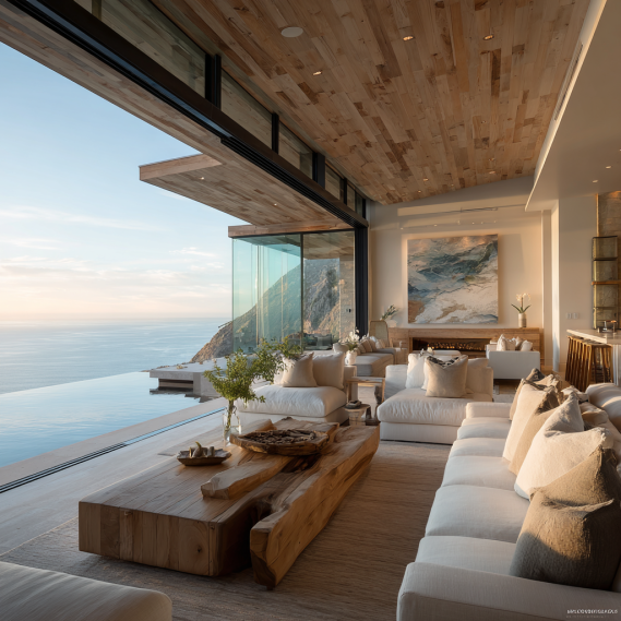 Oceanfront coastal living room in Malibu with massive glass walls and ocean views