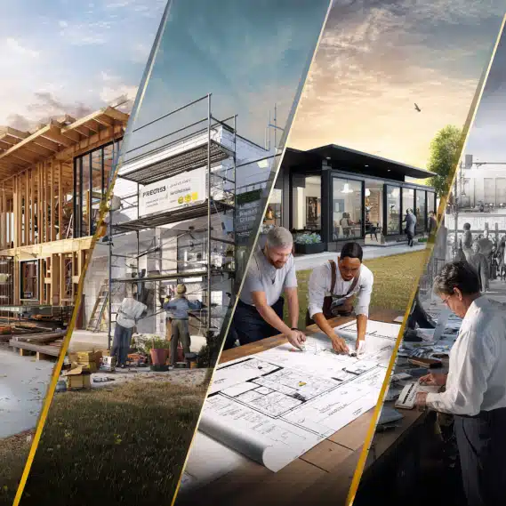 Panoramic view of builders and remodelers working on ADU, home renovation, and commercial design projects.