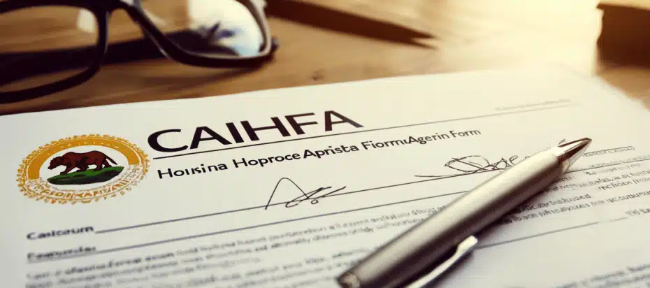 Official CalHFA (California Housing Finance Agency) application form on a desk with a pen and glasses.