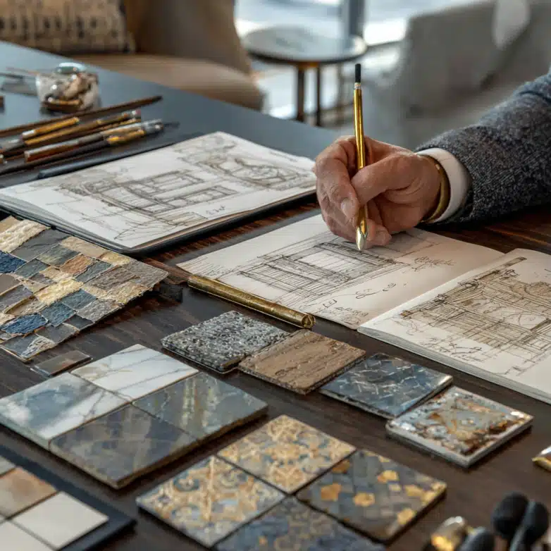 Interior designer sketching custom home concepts on tracing paper with material swatches