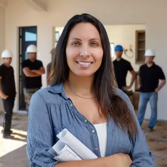 Jeannice Carrillo, architectural designer, leading a team at a construction site with blueprints.
