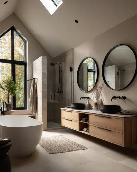 Remodeling Company: Crafting Spa-Like Luxury Bathrooms A sophisticated, California-style modern bathroom with a freestanding white bathtub and matte black fixtures, designed by a remodeling company.
