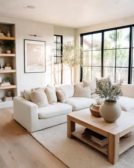 Remodeling Company: Creating Bright California-Style Living Rooms Beautiful California-style living room with a large linen sectional sofa and an indoor olive tree, showcasing a remodeling company's design work.