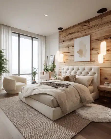 Remodeling Company: California-Inspired Master Bedroom Design Stylish, modern California-inspired master bedroom with a king-size bed and tufted headboard, designed by a remodeling company.