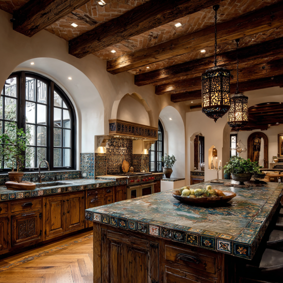 Spanish Colonial Revival kitchen in Beverly Hills with colorful tile and rustic cabinets.