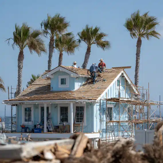 Construction workers installing roof shingles on a coastal-style ADU in Laguna Beach.