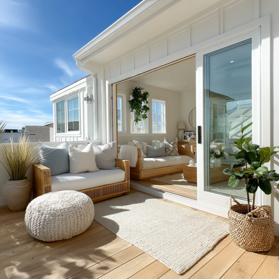A small and stylish coastal JADU in Laguna Beach with white walls and light oak wood accents.