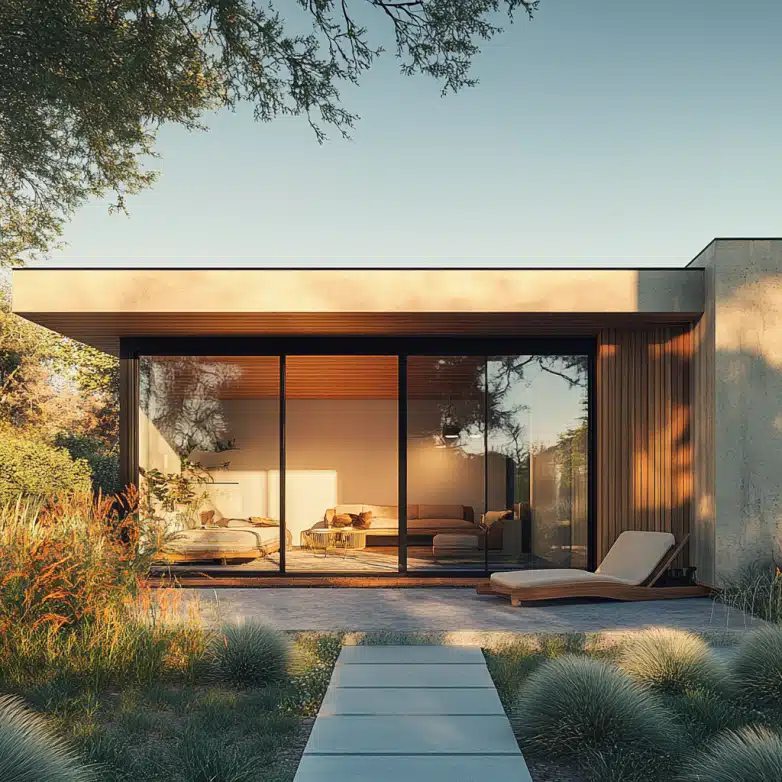 A stylish, modern JADU in Los Angeles with a flat roof, warm wood accents, and large sliding glass doors, showcasing an elegant JADU in California.