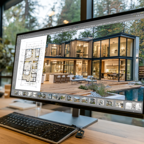A laptop screen showing an AutoCAD interface with a residential site plan on a dark background.