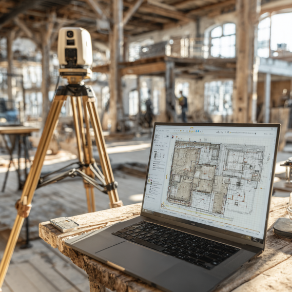 A surveyor using a 3D laser scanner on a tripod at a construction site for scan to BIM services.