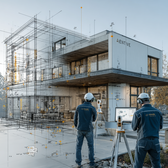 A side-by-side view of a technical floor plan generated from a laser scan and a detailed 3D BIM model of a building interior.