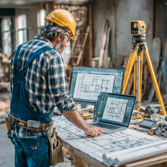 An architect on a construction site, using a laptop with Autodesk Revit to work on a 3D model, for scan to bim services.