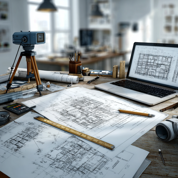 An architect's desk with professional tools for scan to bim services, including a 3D laser scanner, laptop, and blueprints.