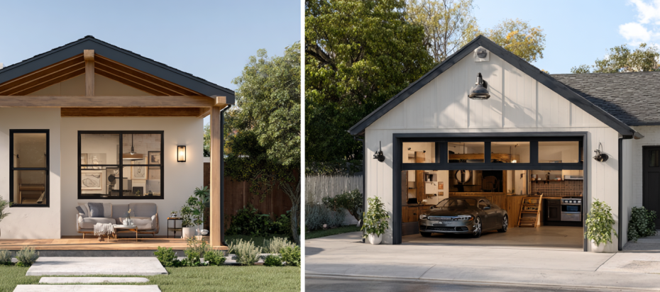 A split-screen illustration showing a room conversion ADU on the left and a garage conversion ADU on the right, for an affordable build.