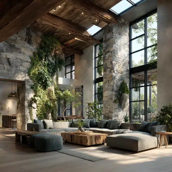 Modern custom home interior with organic textures, wood beams, and earthy tones in Los Angeles.