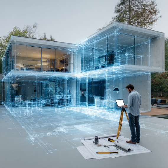 A designer projecting a semi-transparent BIM 3D house model onto the real walls and floor of a residential property.
