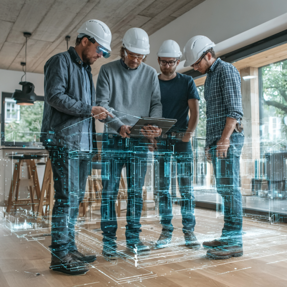 A group of professionals with helmets, using a tablet to view an augmented reality BIM model on a construction site.