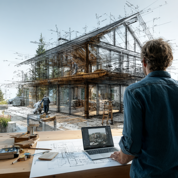 An architect on-site with a laptop, blending a digital BIM model with a real residential property.