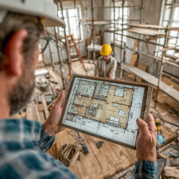 A construction site with scaffolding and tools, where a team uses a tablet to visualize a BIM design over the existing structure.