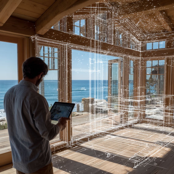An architect inside a coastal home under construction, using a tablet to create a BIM plan with Revit.