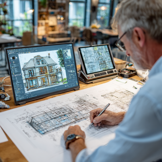 An architect seated inside a house under construction, using a laptop with Revit for on-site modeling with scan to bim services.