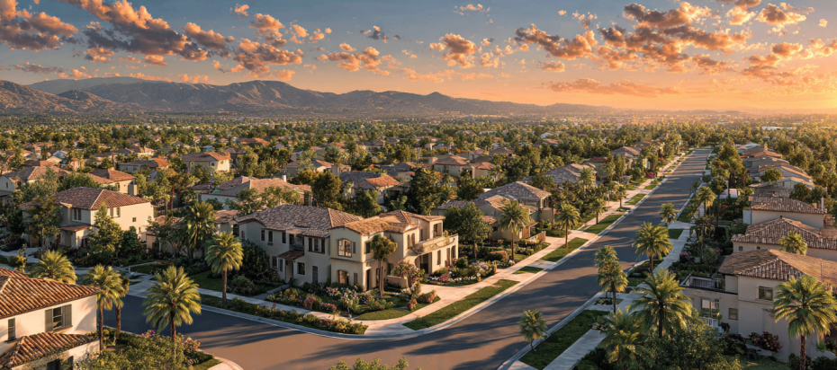 Aerial view of a sunny suburban neighborhood in Orange County, California, showing large residential lots with newly built ADUs.