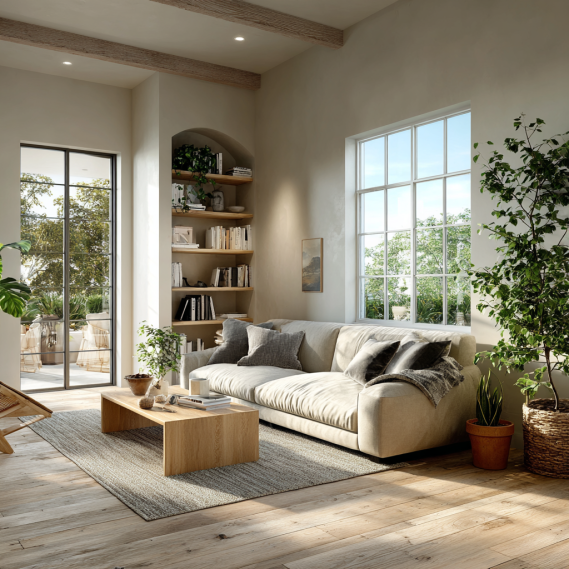 A cozy living room interior in a Los Angeles custom home with soft neutral tones and a comfortable sofa.