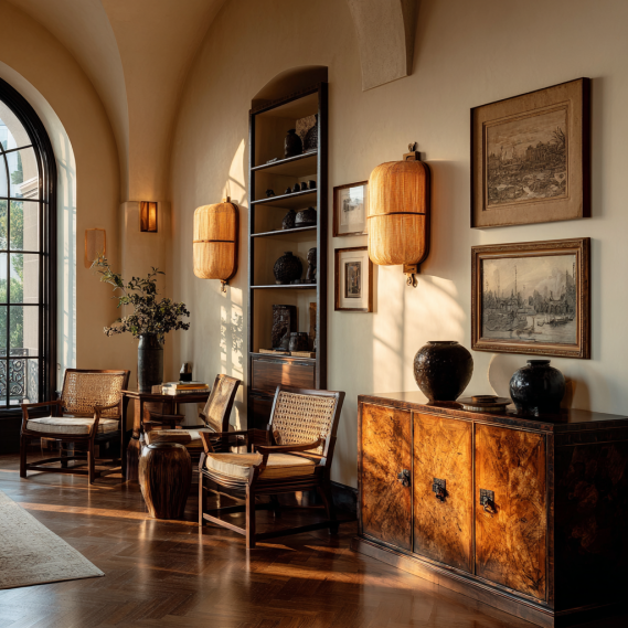 Handcrafted wooden chairs, tables, and elegant sideboards displayed for custom homes design in Los Angeles.
