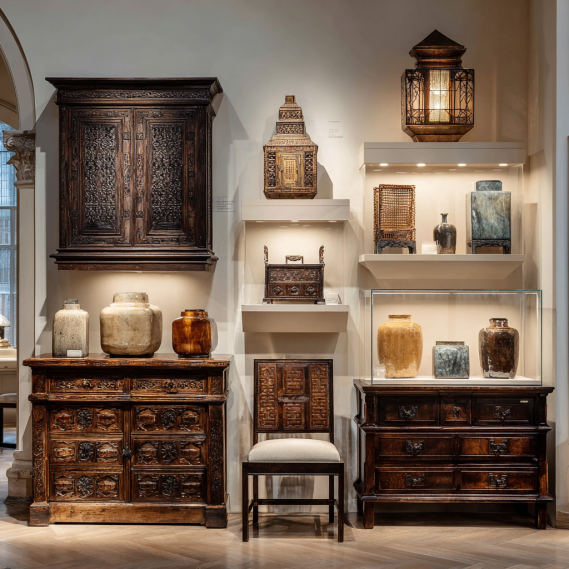 A collection of luxury artisanal furniture, including carved cabinets and wooden chairs, for custom homes in Los Angeles.