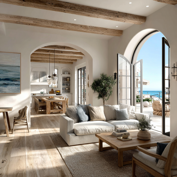 Interior of a spacious, open-concept Coastal Transitional custom home in Malibu with high ceilings and light oak wood beams.