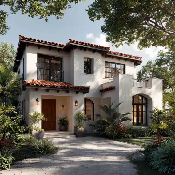 Architectural rendering of a custom home in Los Angeles with white stucco, terracotta roof tiles, and black-framed windows, blending Mediterranean and modern styles.