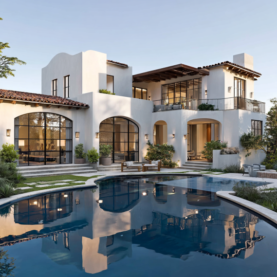 Photorealistic rendering of a multi-level custom home in Brentwood, Los Angeles, with white stucco and a terracotta roof.