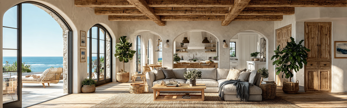 An interior view of a luxurious custom home in Los Angeles, featuring an open-concept living room with high ceilings.