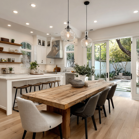 An open-concept kitchen and dining area in a Los Angeles custom home with white cabinets and a wooden island.