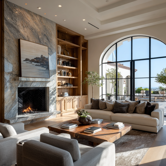 A spacious, open-concept luxury home interior in Pacific Palisades with marble floors and large windows overlooking the Pacific Ocean.
