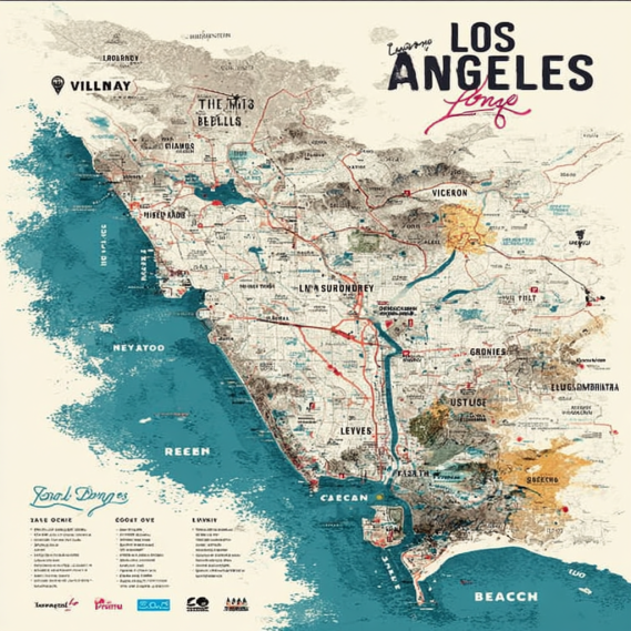 Stylized map of Los Angeles, California, showing major cities and neighborhoods where custom homes design services are offered.